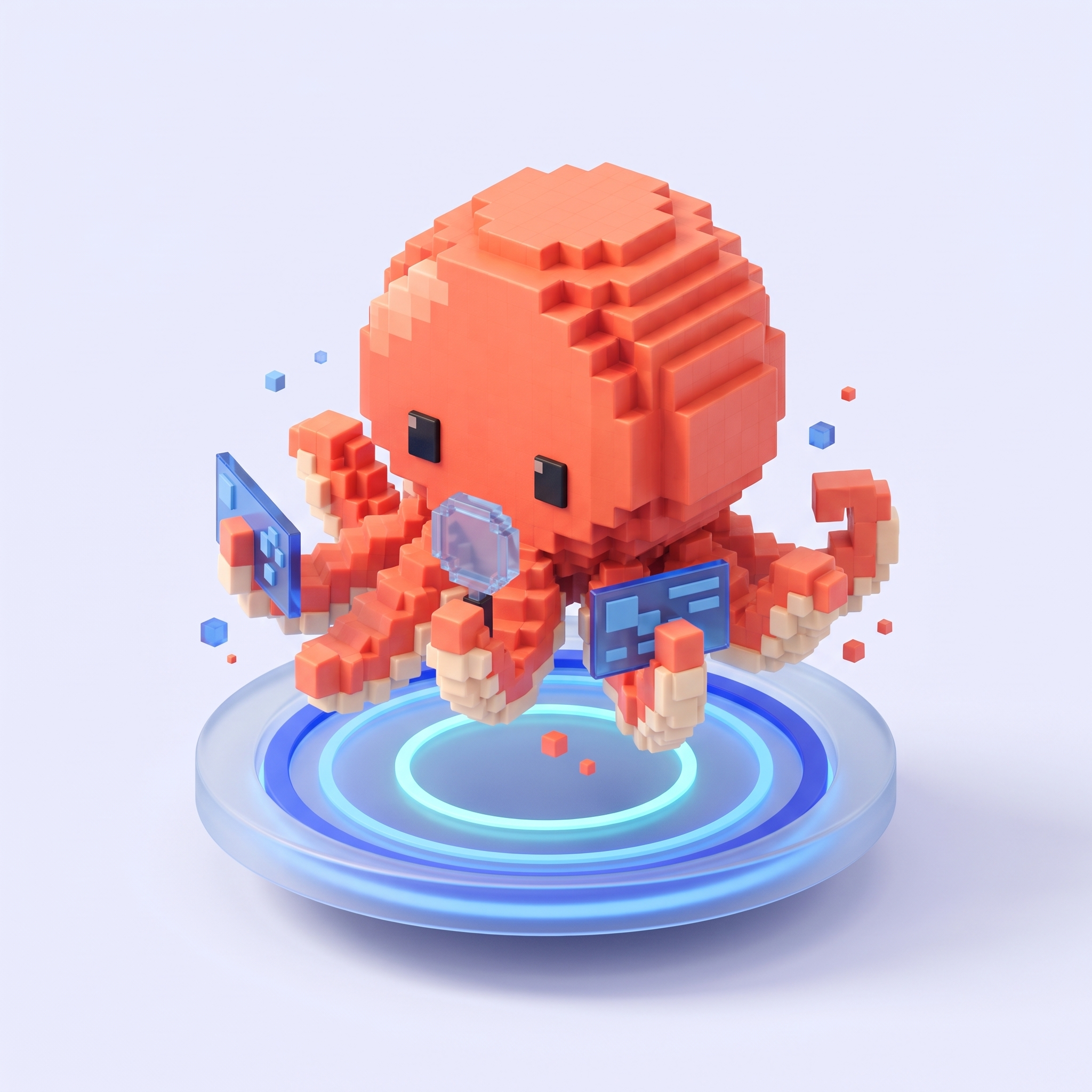 Tako investigating with a glass lens above a blue illuminated platform