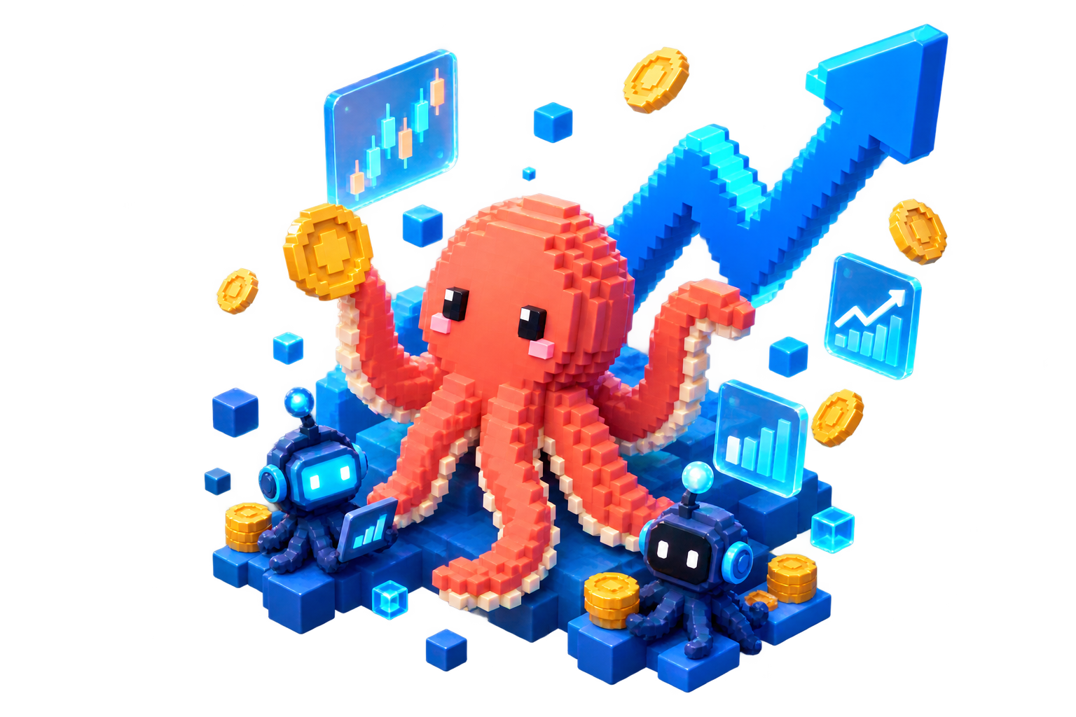 Tako’s coral octopus surrounded by blue market instruments and agent companions